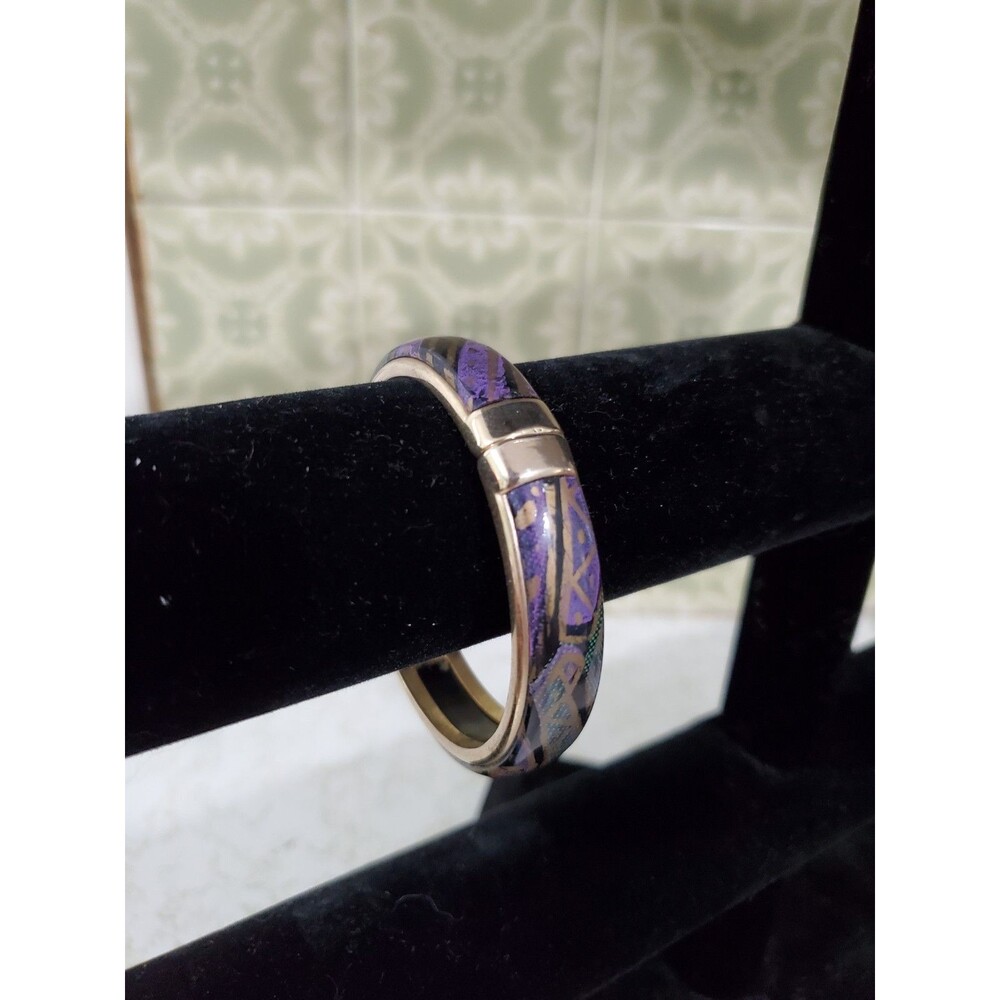 Vintage Abstract Multicolor Enamel Hinged Bangle Bracelet Made Italy 3"